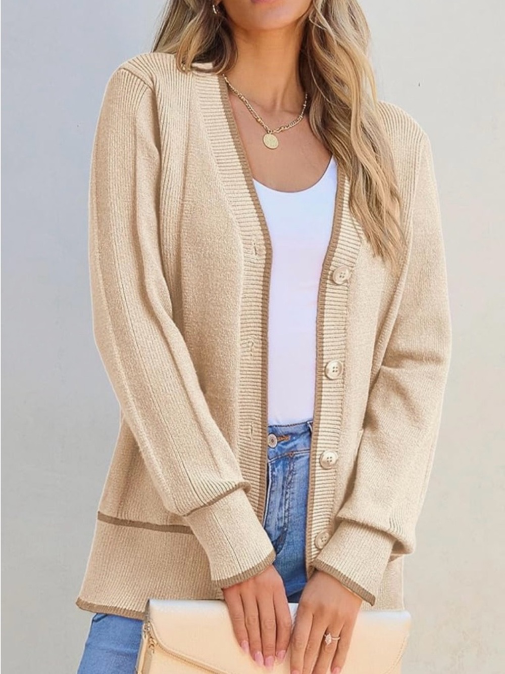 Beige Button-Front Women's Cardigan Sweater